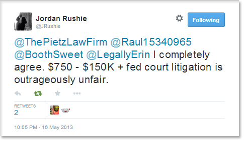 @ThePietzLawFirm @Raul15340965 @BoothSweet @LegallyErin I completely agree. $750 - $150K + fed court litigation is outrageously unfair.